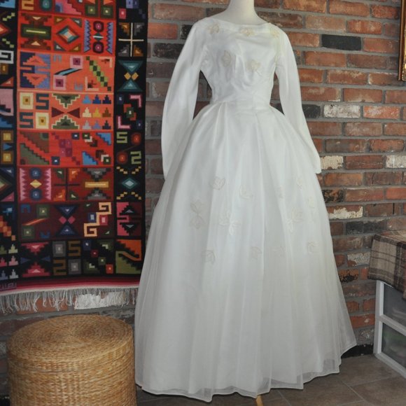 Vintage 50s 60s ILGWU Unoin Made Crinoline Modest Wedding Grad Dress Gown S - Picture 2 of 13